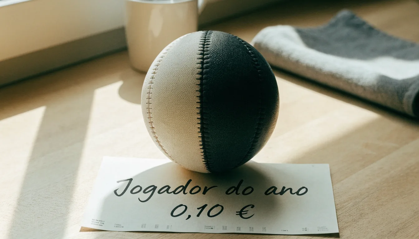 Uma bola de futebol pousada sobre um talão de apostas em branco numa mesa de madeira, à luz do dia