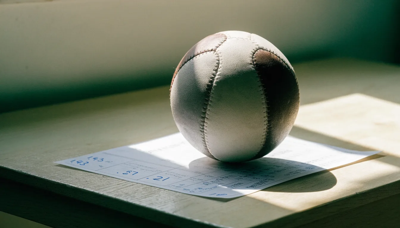 Uma bola de futebol pousada sobre um talão de apostas em branco numa mesa de madeira, à luz do dia