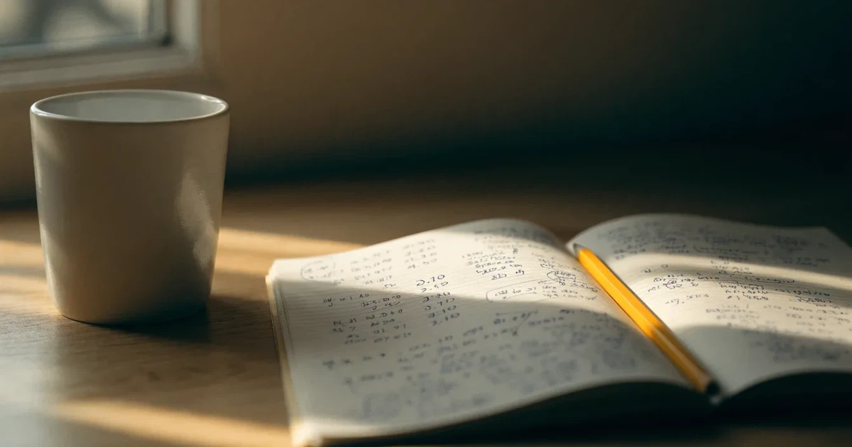 Um caderno aberto com cotas escritas à mão, uma calculadora e um lápis sobre uma mesa de madeira