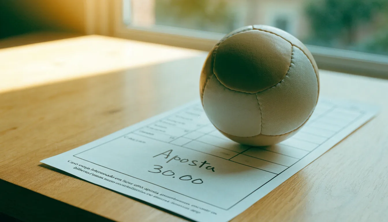 Uma bola de futebol pousada sobre um talão de apostas em branco numa mesa de madeira, à luz do dia