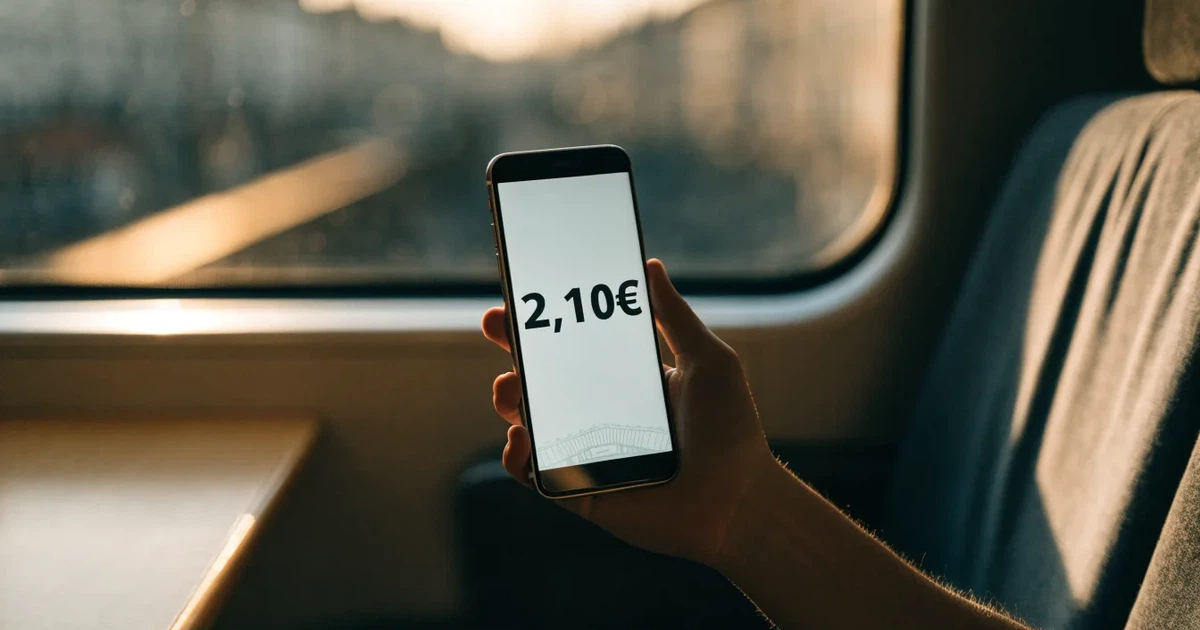 Uma mão a segurar um telemóvel com uma aposta no ecrã, num comboio ao fim da tarde