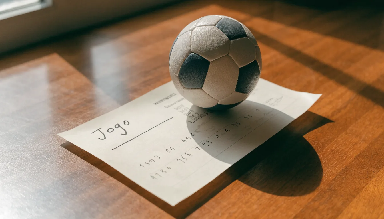 Uma bola de futebol pousada sobre um talão de apostas em branco numa mesa de madeira, à luz do dia