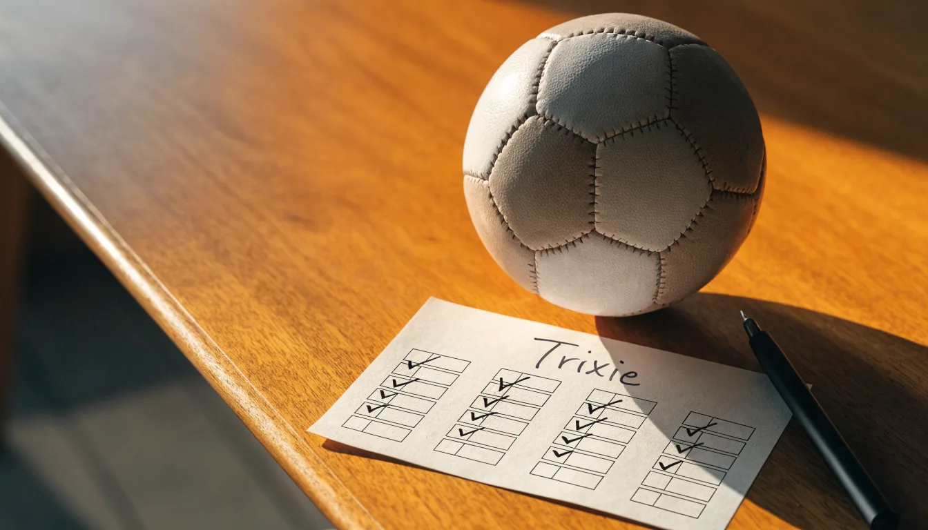 Uma bola de futebol pousada sobre um talão de apostas em branco numa mesa de madeira, à luz do dia