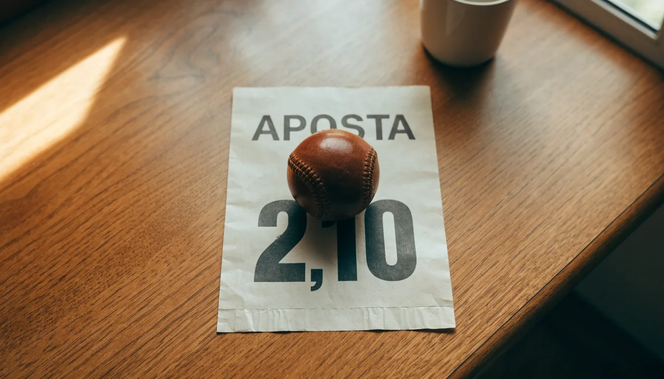 Uma bola de futebol pousada sobre um talão de apostas em branco numa mesa de madeira, à luz do dia