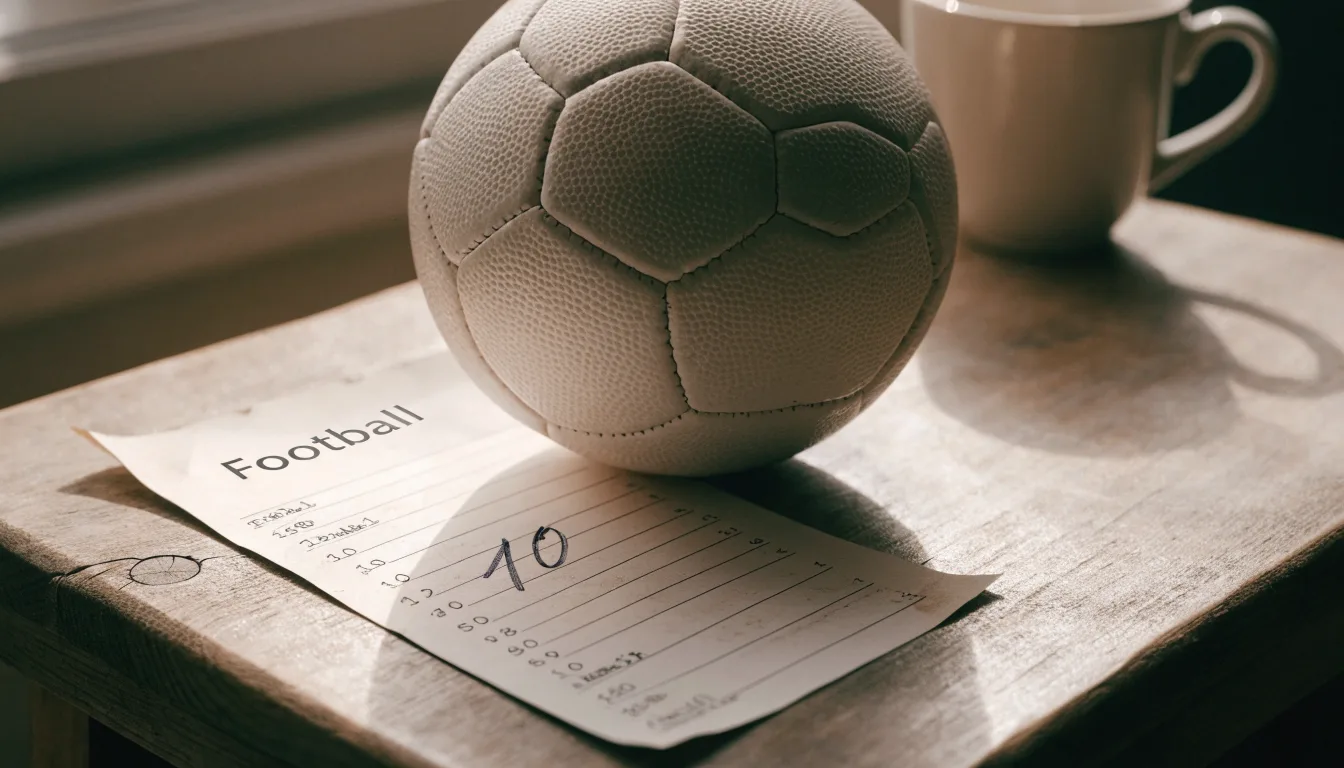 Uma bola de futebol pousada sobre um talão de apostas em branco numa mesa de madeira, à luz do dia
