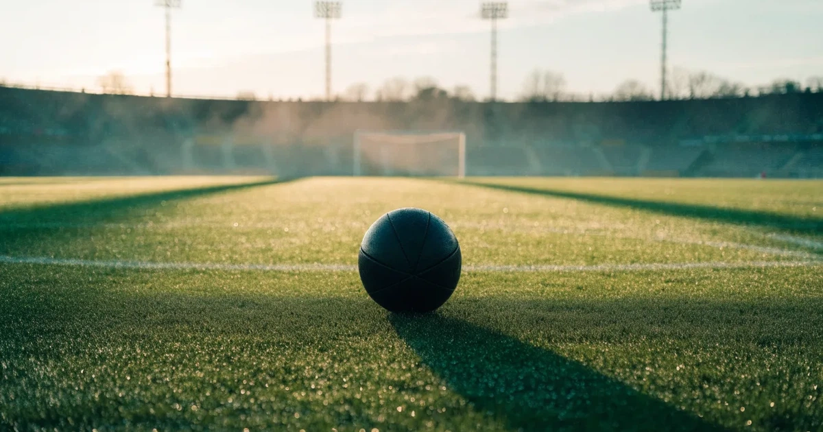 Uma bola de futebol no ponto central de um relvado, à luz da manhã
