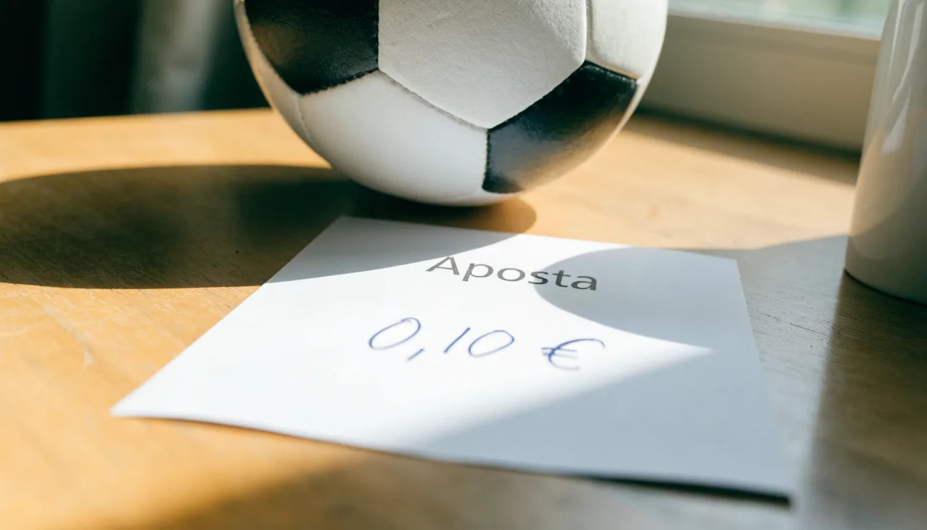 Uma bola de futebol pousada sobre um talão de apostas em branco numa mesa de madeira, à luz do dia