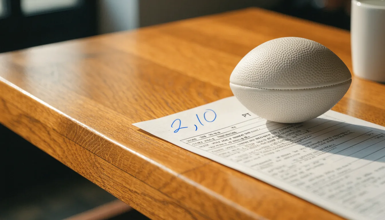 Uma bola de futebol pousada sobre um talão de apostas em branco numa mesa de madeira, à luz do dia