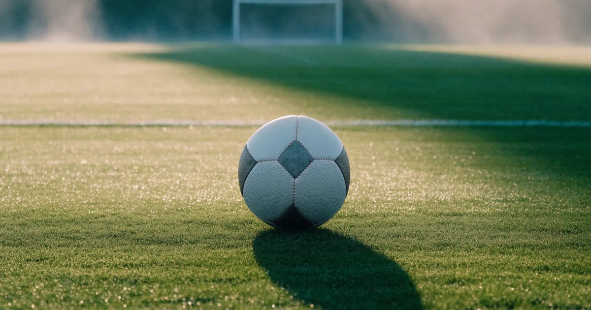 Uma bola de futebol no ponto central de um relvado, à luz da manhã