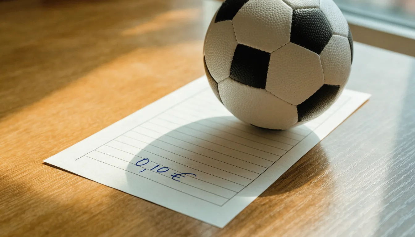 Uma bola de futebol pousada sobre um talão de apostas em branco numa mesa de madeira, à luz do dia