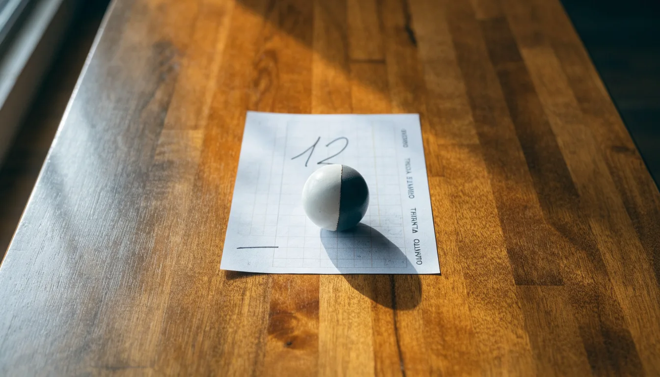 Uma bola de futebol pousada sobre um talão de apostas em branco numa mesa de madeira, à luz do dia