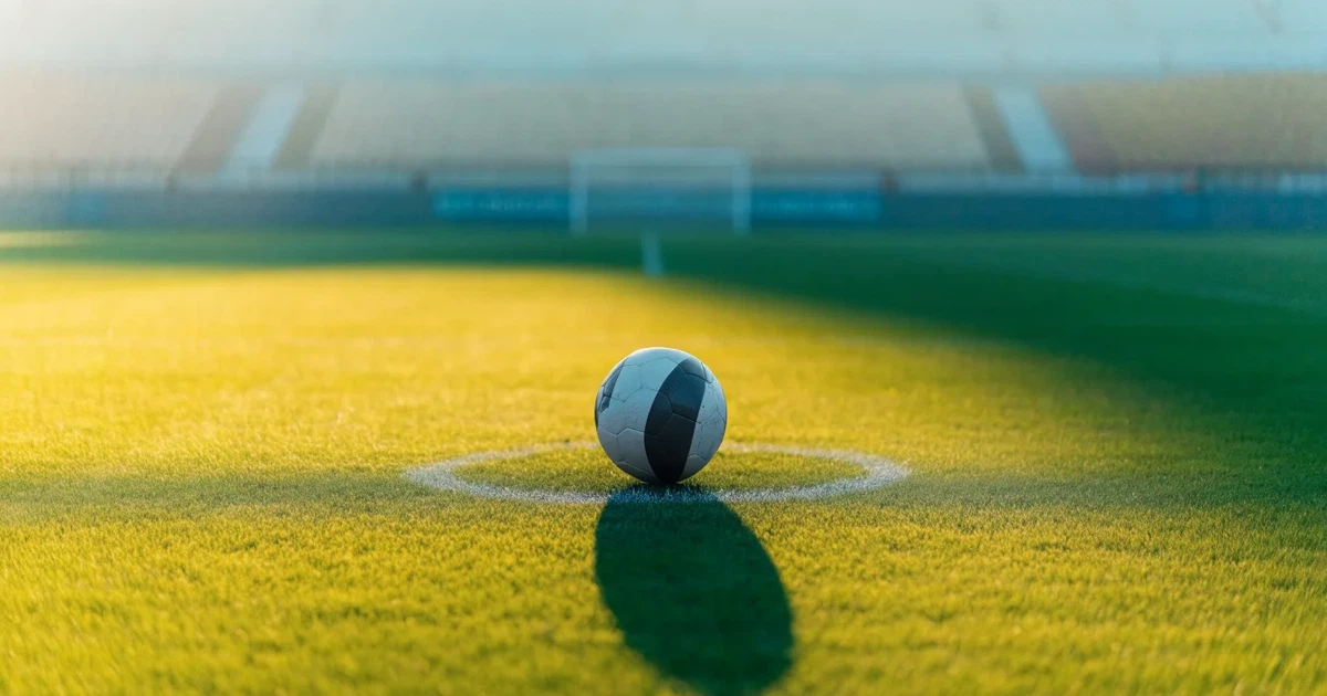 Uma bola de futebol no ponto central de um relvado, à luz da manhã