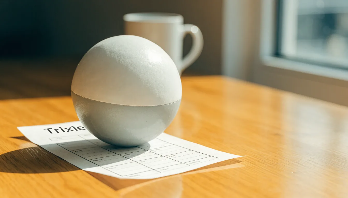 Uma bola de futebol pousada sobre um talão de apostas em branco numa mesa de madeira, à luz do dia