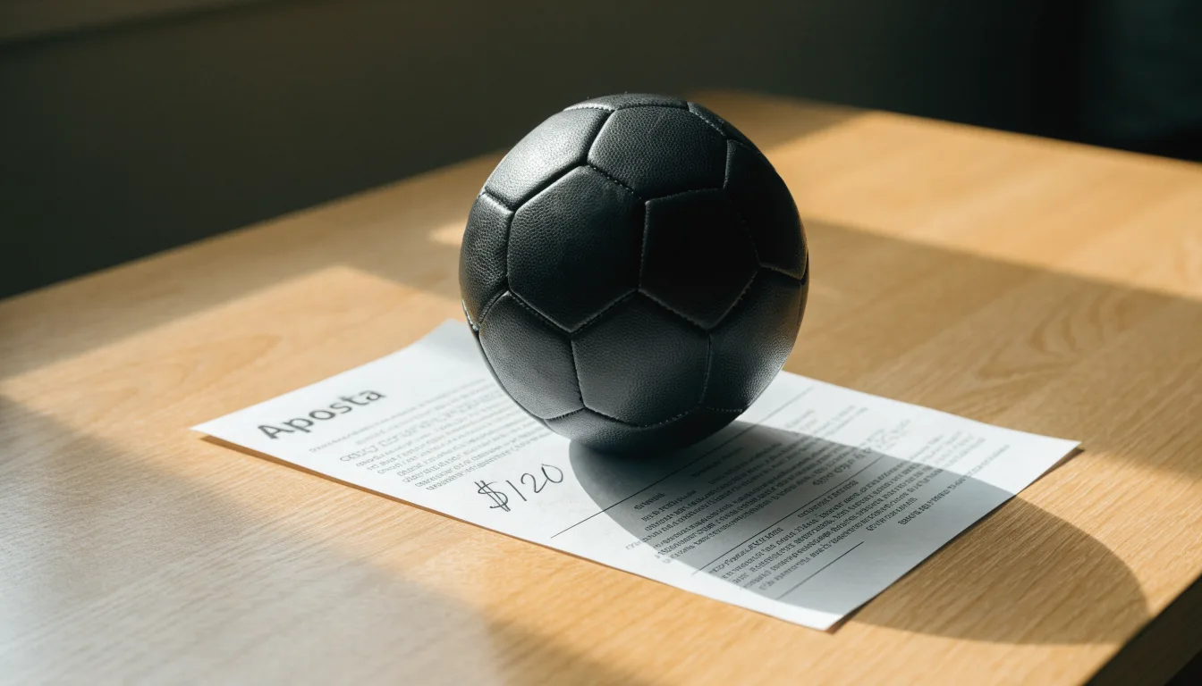 Uma bola de futebol pousada sobre um talão de apostas em branco numa mesa de madeira, à luz do dia