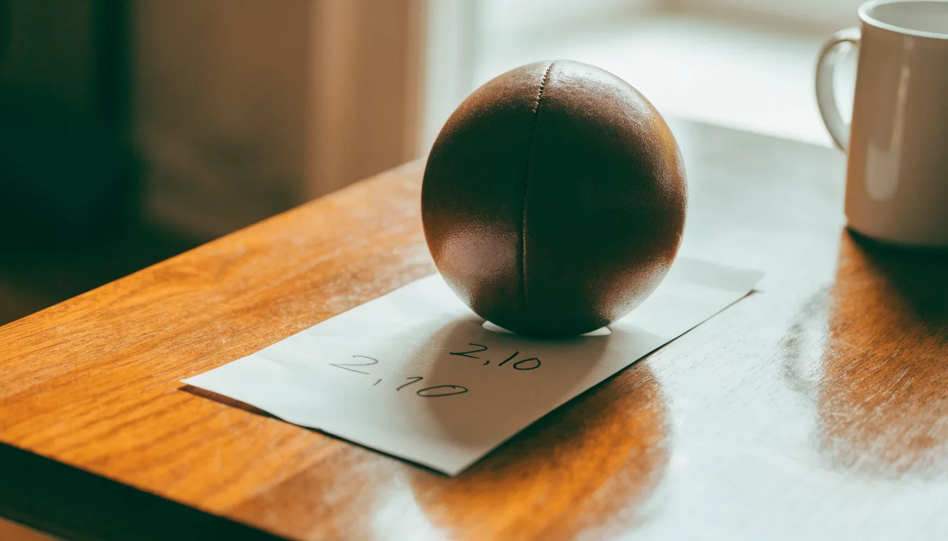 Uma bola de futebol pousada sobre um talão de apostas em branco numa mesa de madeira, à luz do dia