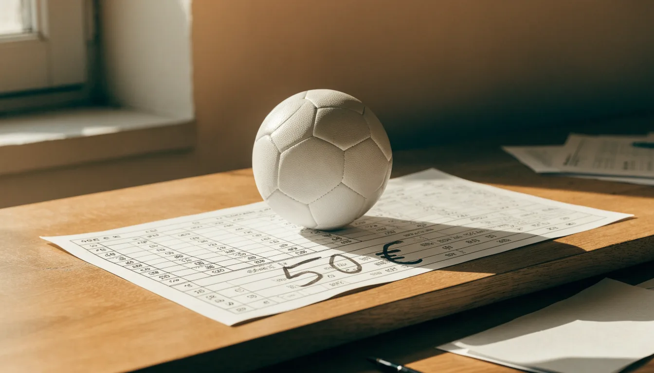 Uma bola de futebol pousada sobre um talão de apostas em branco numa mesa de madeira, à luz do dia
