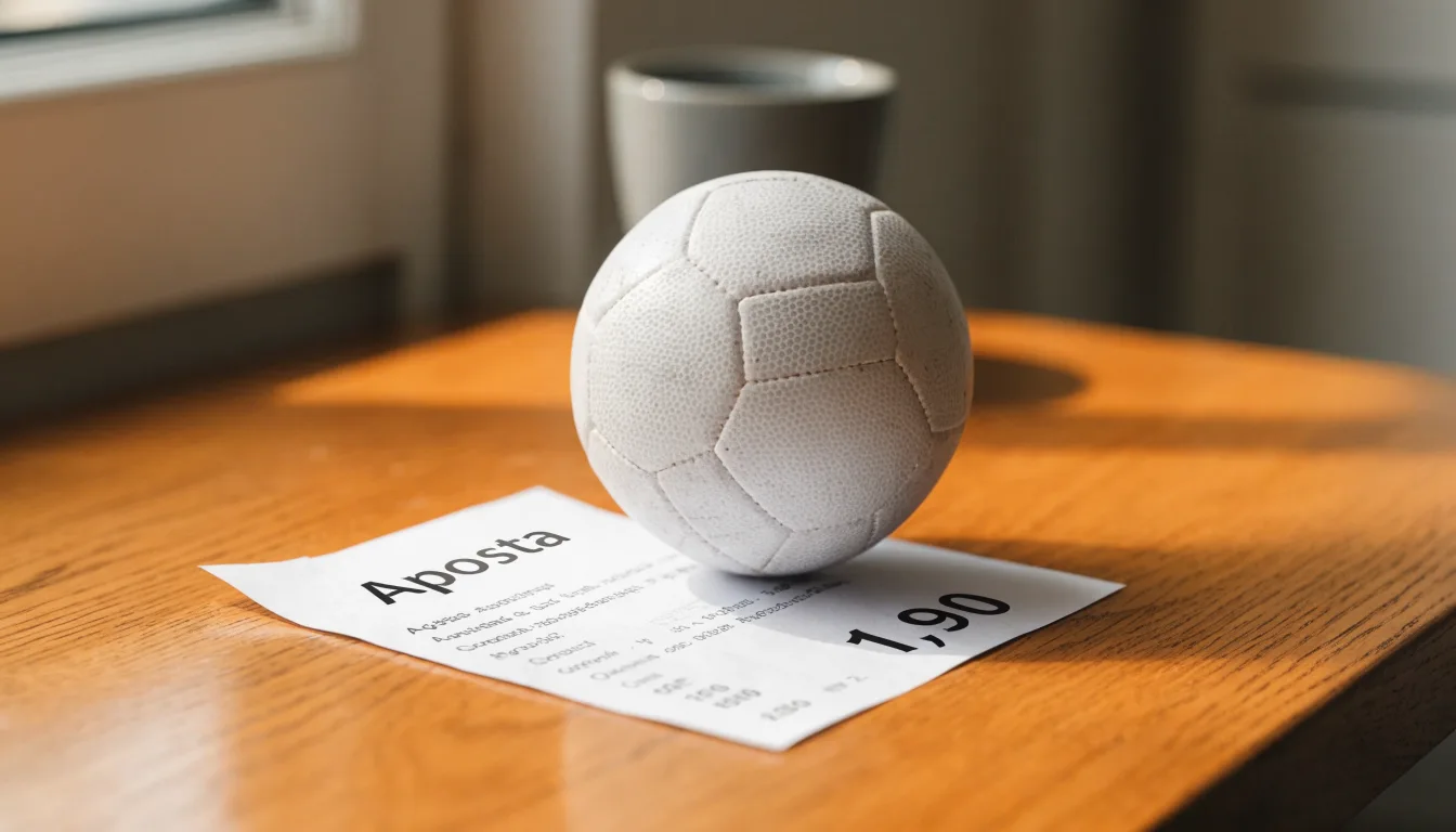 Uma bola de futebol pousada sobre um talão de apostas em branco numa mesa de madeira, à luz do dia