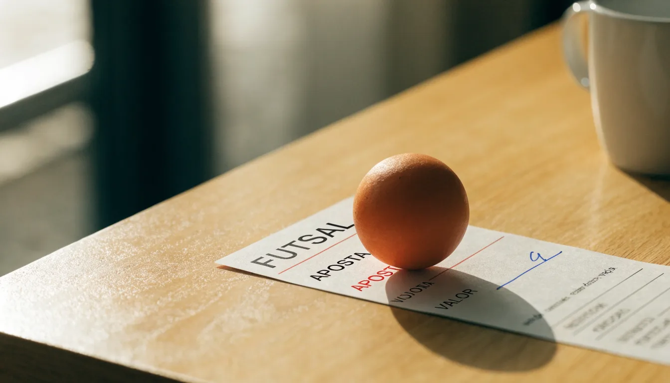 Uma bola de futebol pousada sobre um talão de apostas em branco numa mesa de madeira, à luz do dia