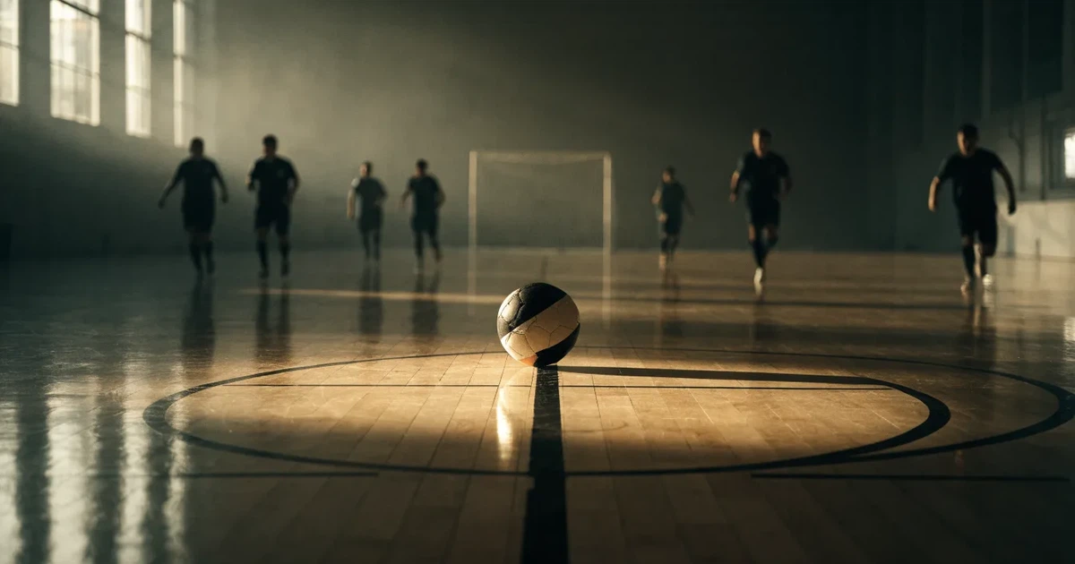 Uma bola de futebol no ponto central de um relvado, à luz da manhã