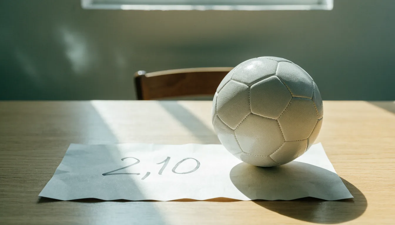 Uma bola de futebol pousada sobre um talão de apostas em branco numa mesa de madeira, à luz do dia