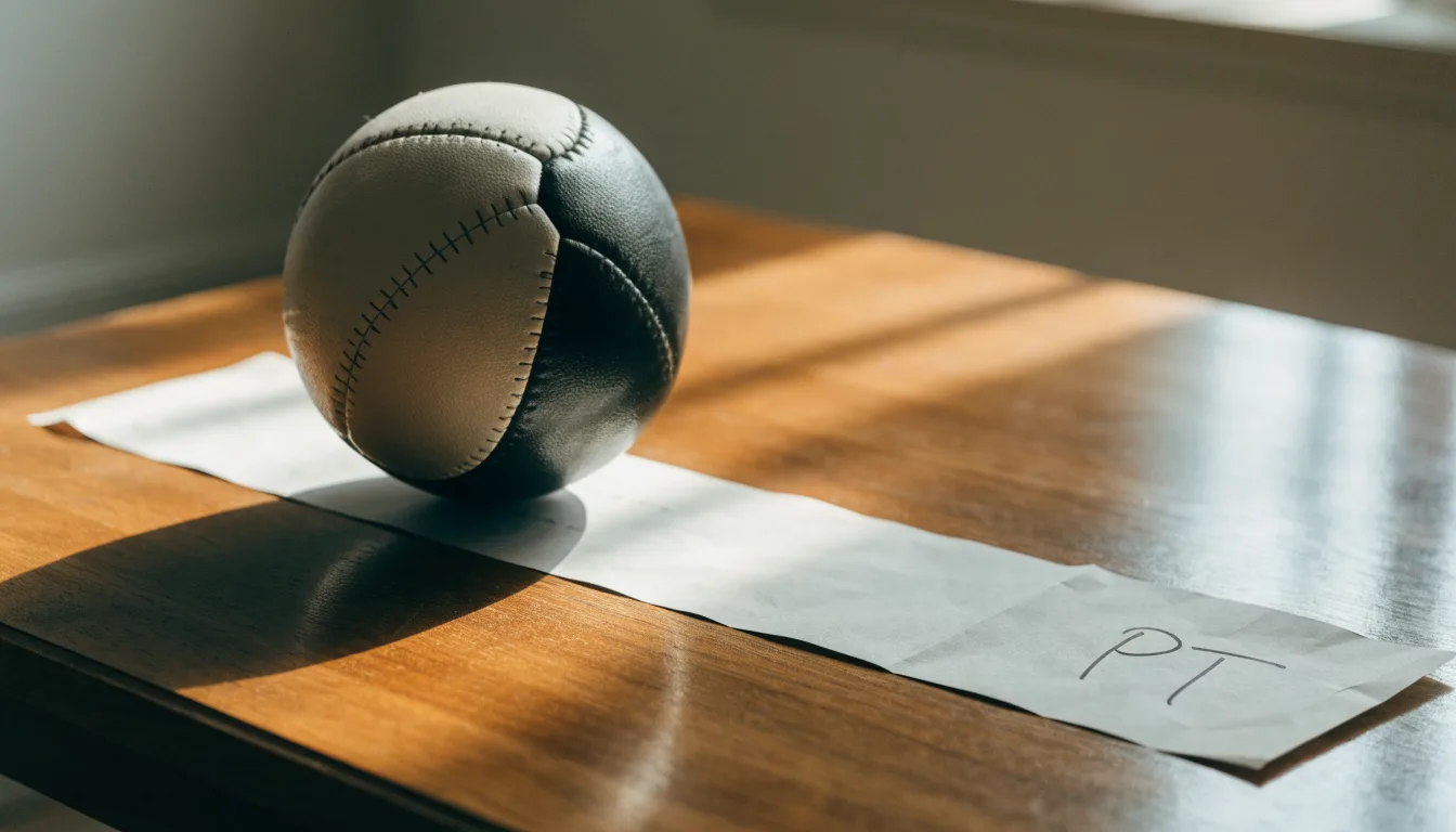 Uma bola de futebol pousada sobre um talão de apostas em branco numa mesa de madeira, à luz do dia