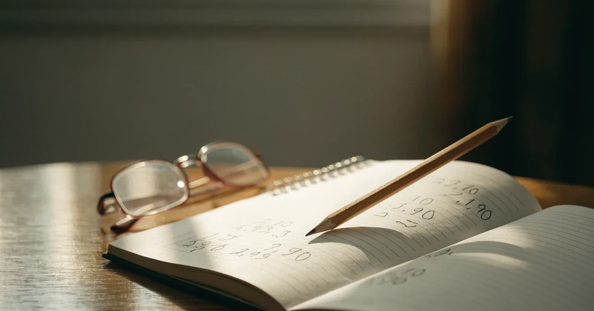 Um caderno aberto com cotas escritas à mão, uma calculadora e um lápis sobre uma mesa de madeira