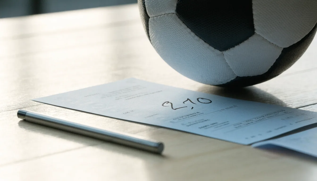 Uma bola de futebol pousada sobre um talão de apostas em branco numa mesa de madeira, à luz do dia