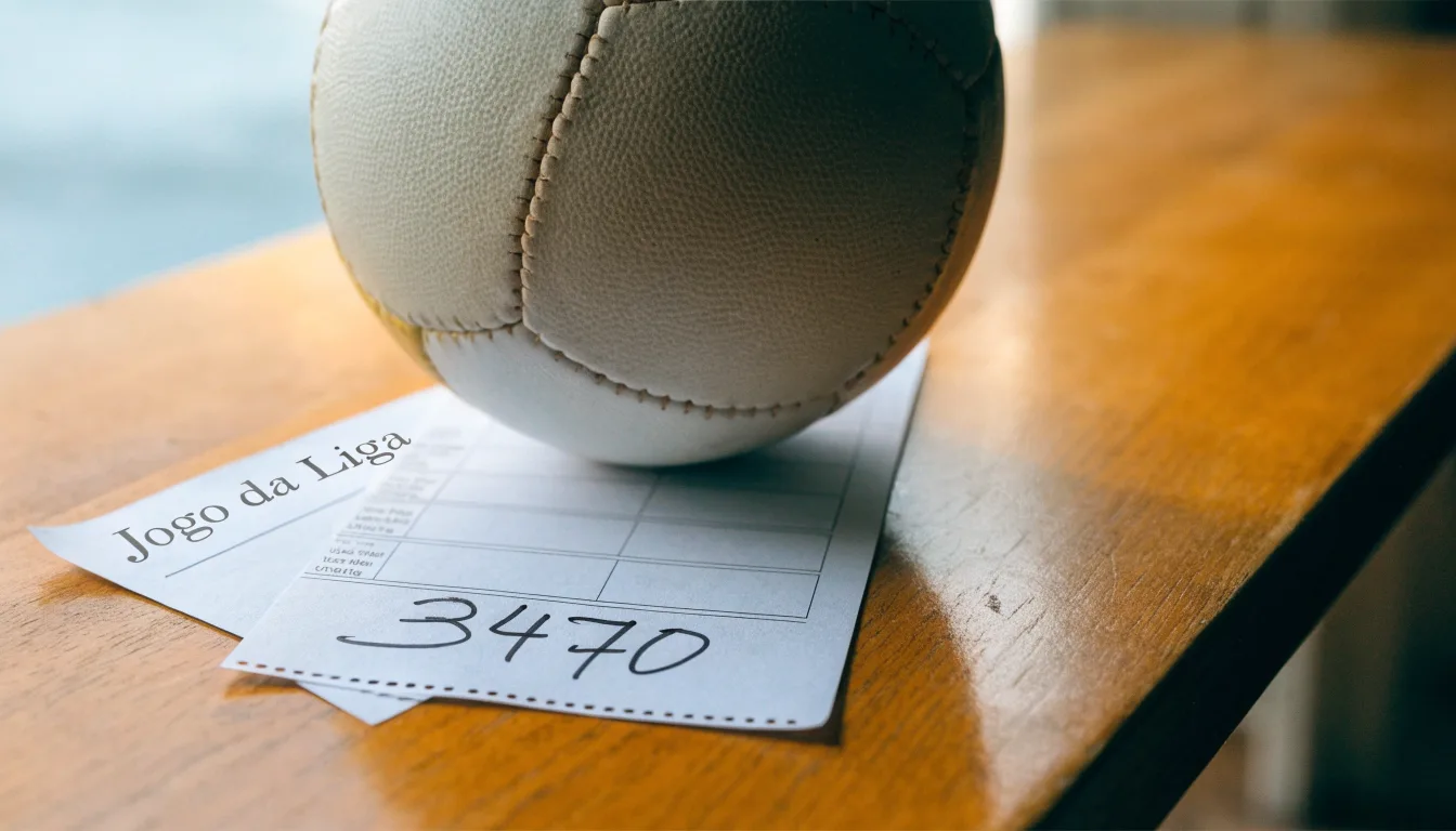 Uma bola de futebol pousada sobre um talão de apostas em branco numa mesa de madeira, à luz do dia