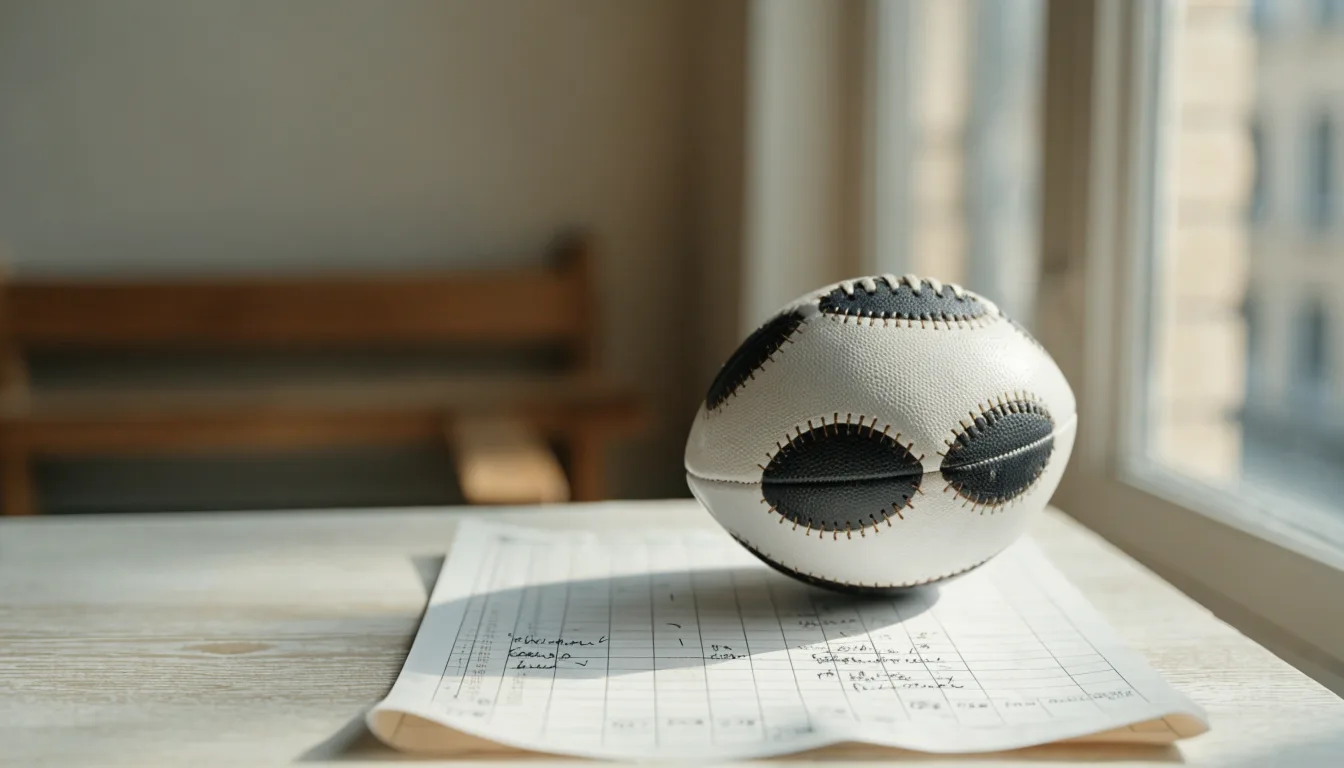 Uma bola de futebol pousada sobre um talão de apostas em branco numa mesa de madeira, à luz do dia