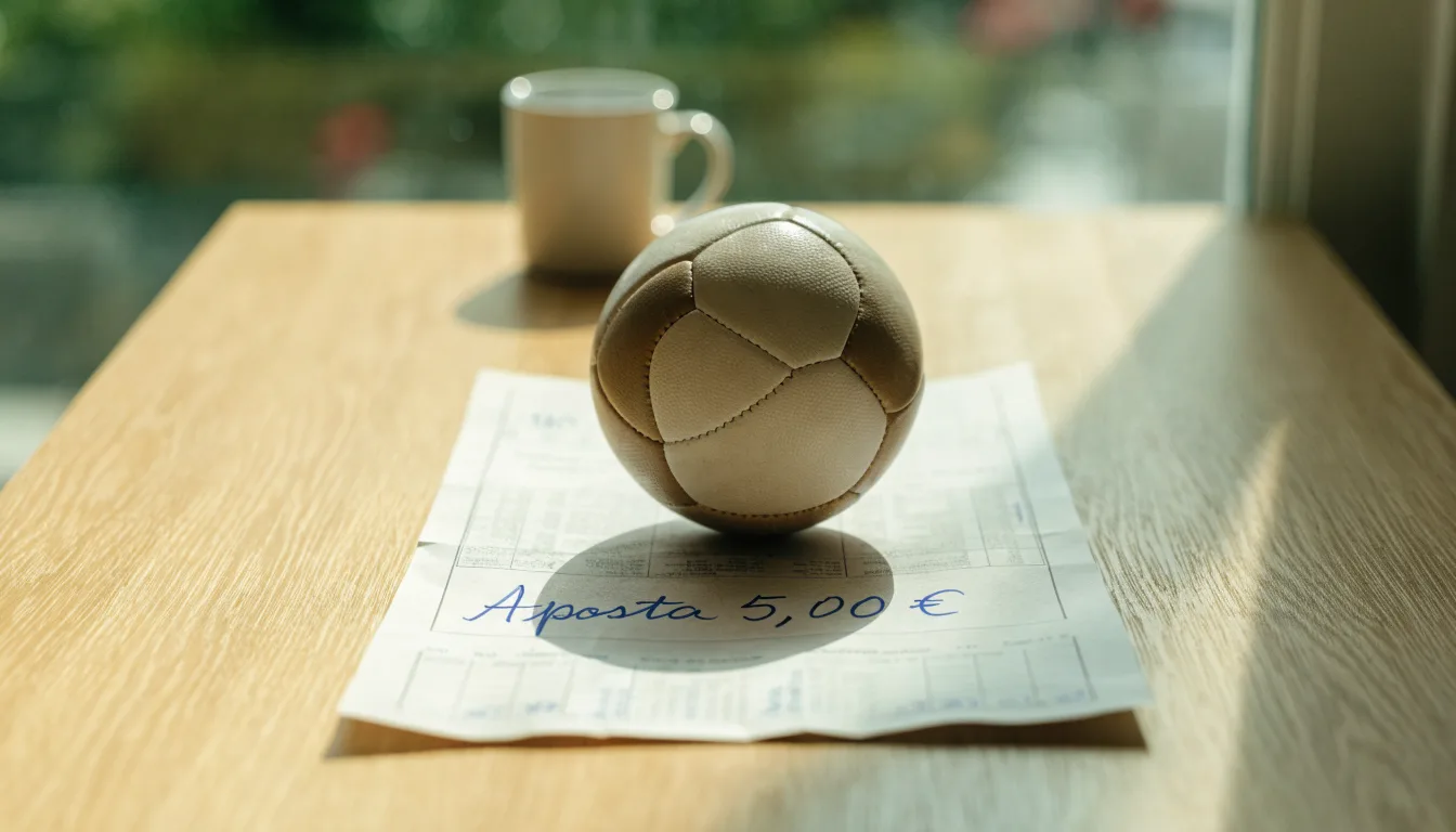 Uma bola de futebol pousada sobre um talão de apostas em branco numa mesa de madeira, à luz do dia