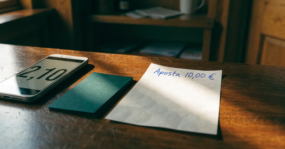 Um cartão de oferta com uma fita dourada ao lado de um talão de apostas numa bancada de madeira