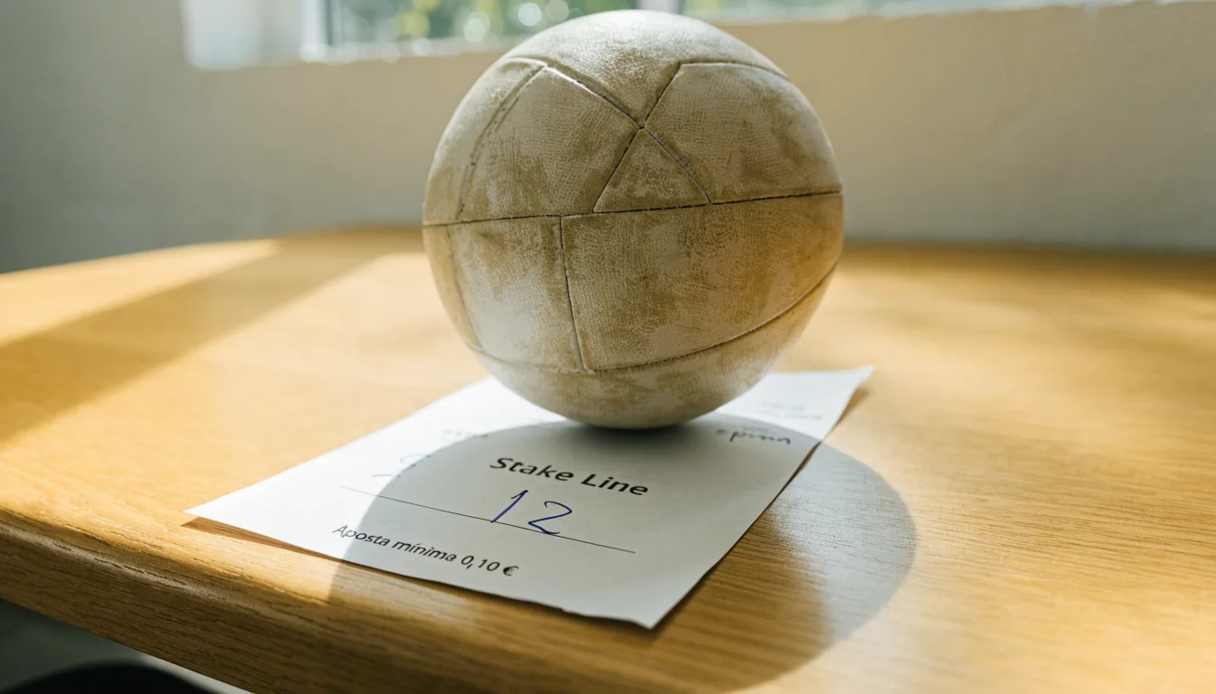 Uma bola de futebol pousada sobre um talão de apostas em branco numa mesa de madeira, à luz do dia