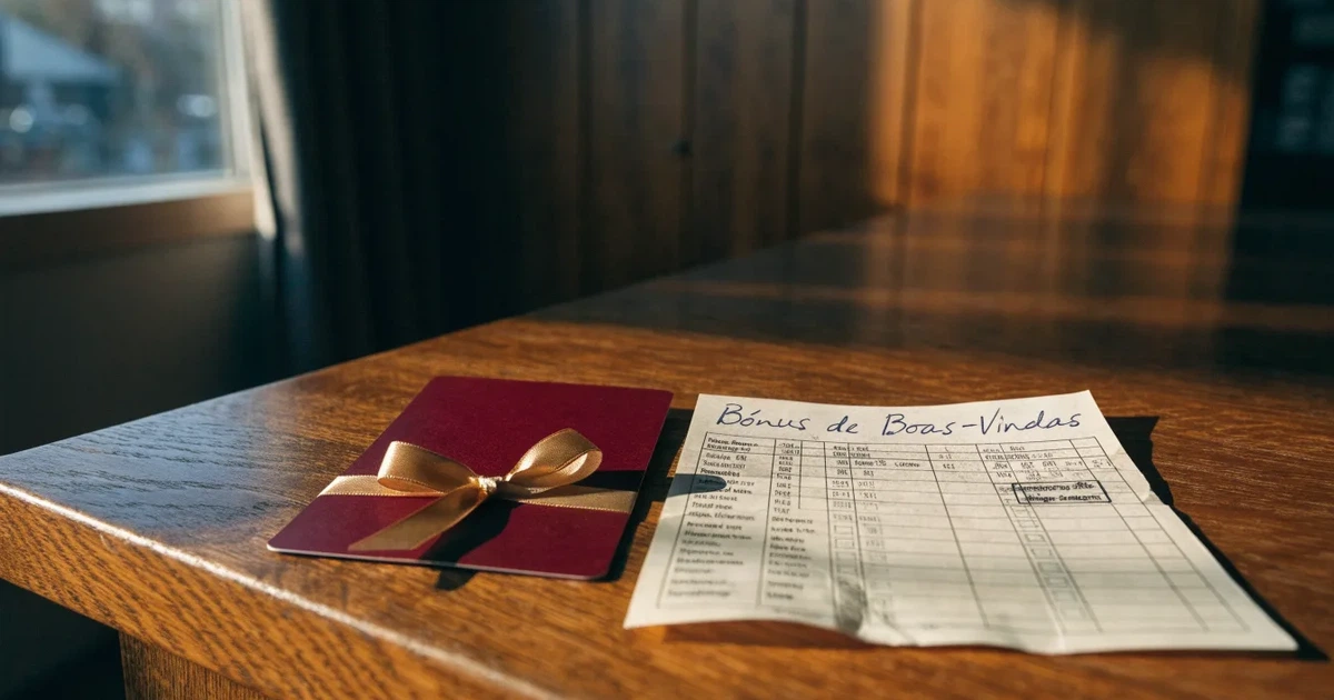Um cartão de oferta com uma fita dourada ao lado de um talão de apostas numa bancada de madeira
