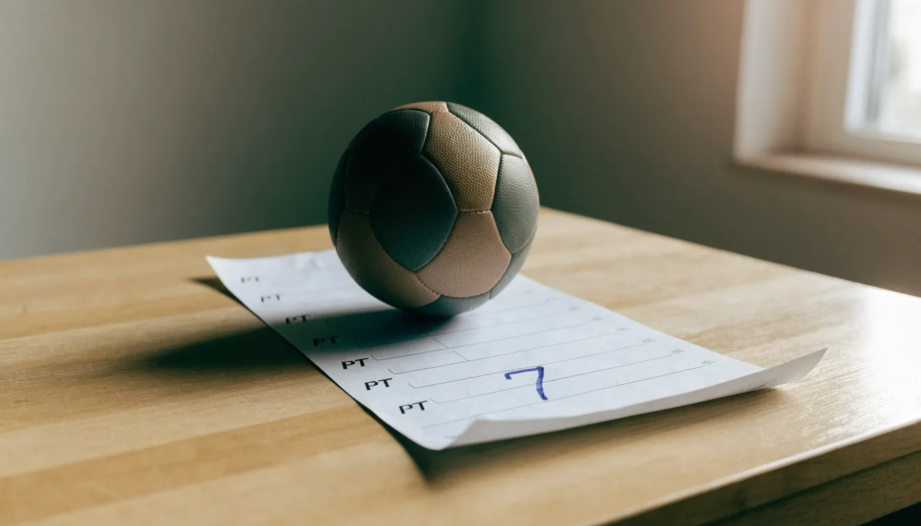 Uma bola de futebol pousada sobre um talão de apostas em branco numa mesa de madeira, à luz do dia