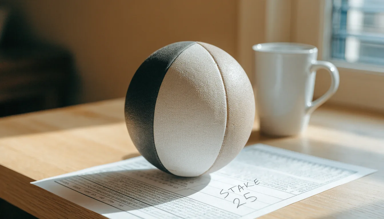 Uma bola de futebol pousada sobre um talão de apostas em branco numa mesa de madeira, à luz do dia