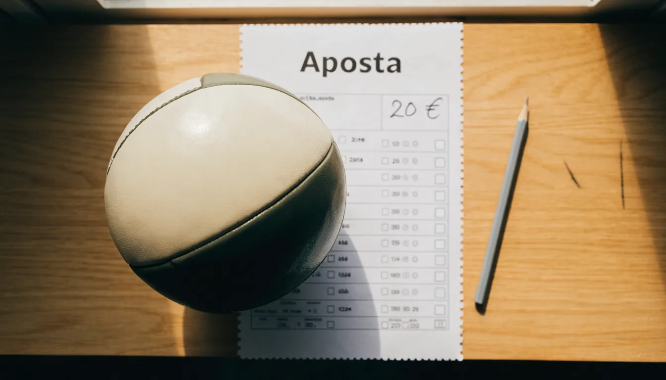 Uma bola de futebol pousada sobre um talão de apostas em branco numa mesa de madeira, à luz do dia