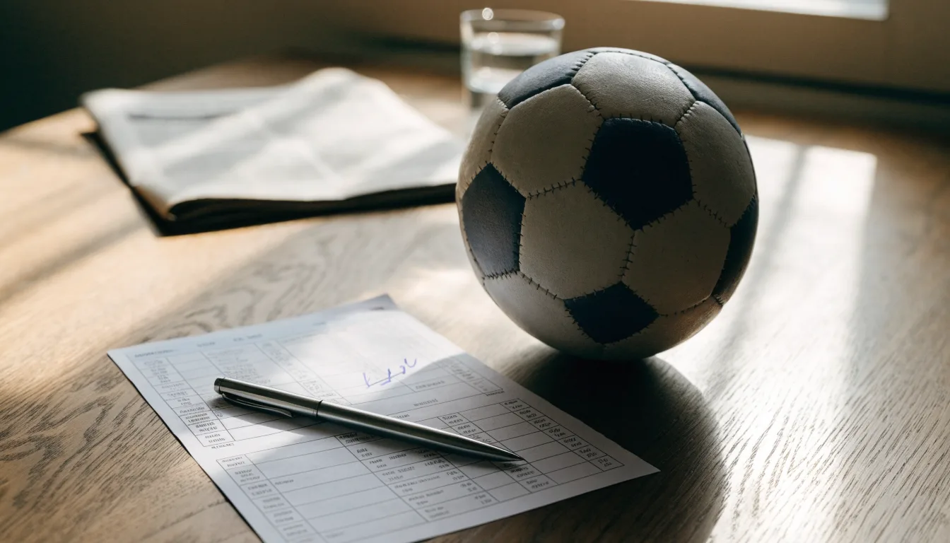 Uma bola de futebol pousada sobre um talão de apostas em branco numa mesa de madeira, à luz do dia