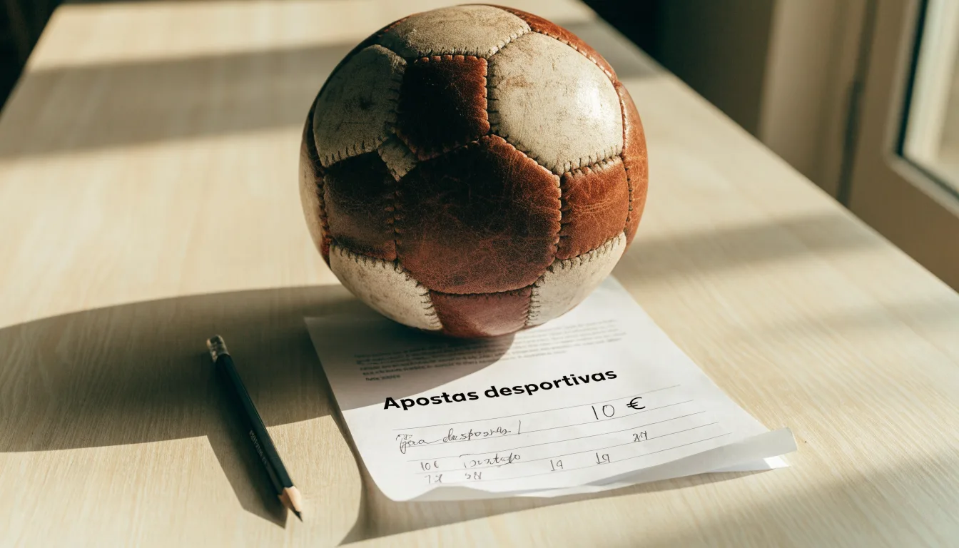 Uma bola de futebol pousada sobre um talão de apostas em branco numa mesa de madeira, à luz do dia