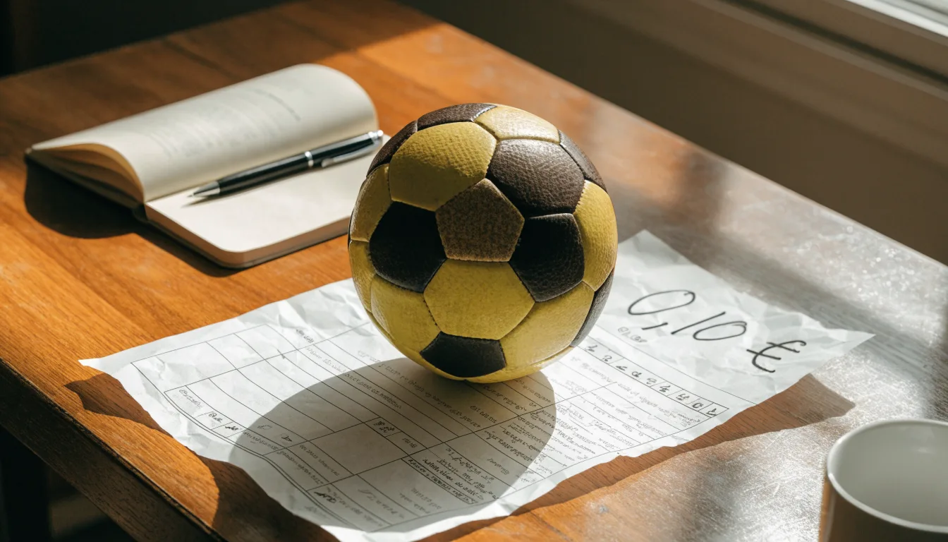 Uma bola de futebol pousada sobre um talão de apostas em branco numa mesa de madeira, à luz do dia