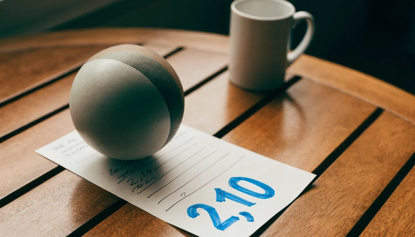 Uma bola de futebol pousada sobre um talão de apostas em branco numa mesa de madeira, à luz do dia