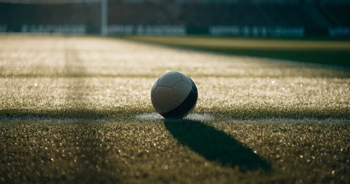 Uma bola de futebol no ponto central de um relvado, à luz da manhã