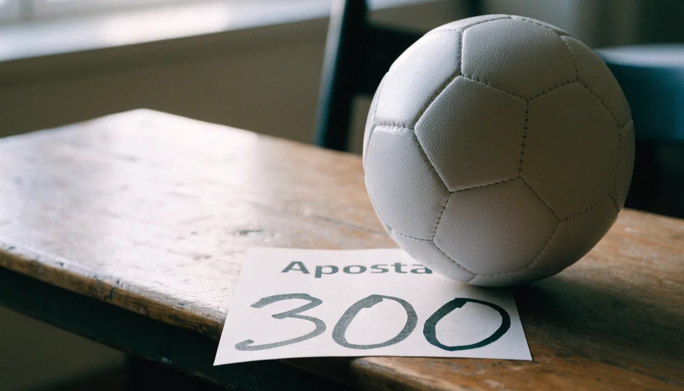 Uma bola de futebol pousada sobre um talão de apostas em branco numa mesa de madeira, à luz do dia