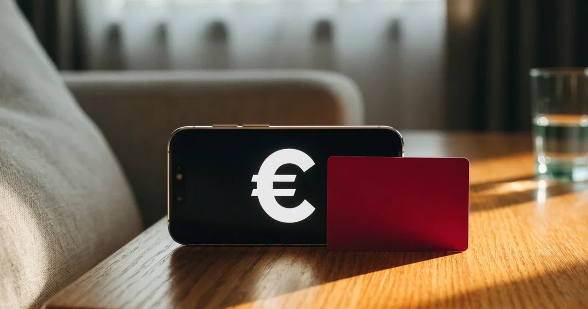 Um telemóvel e um cartão bancário lado a lado numa mesa de madeira, com algumas notas de euro ao lado